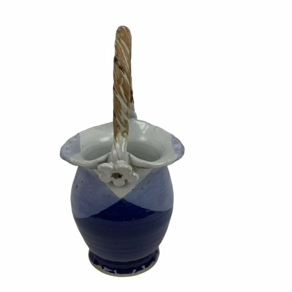 Artist Stamped Pottery Basket Vase Fluted Crimped‎ Rim Twisted Handle Blue Grey